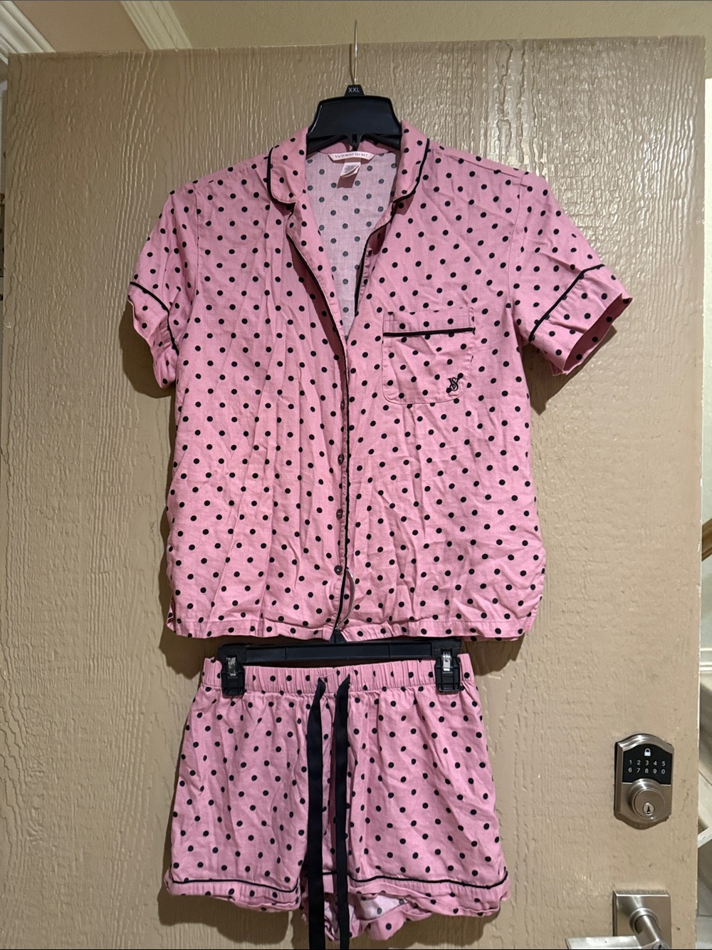 Victoria's Secret Pink Polka Dot Short Pajama Set with Black Trim